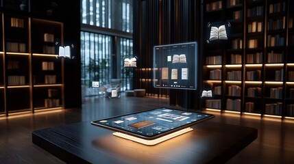 Poster - Glowing digital tablet displaying educational content books and icons floating in a luxurious dimly lit wooden interior with bookshelves