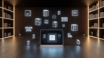 Poster - and sophisticated digital education scene featuring a tablet showcasing floating digital books and learning icons encircled by glowing shelves in a dark wooden room