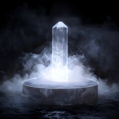 Wall Mural - Glowing Crystal Podium in Reflective Dark Environment with Soft Light and Smoke Effects for High End Product Display