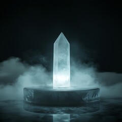 Wall Mural - Glowing Crystal Podium Placed in Dark Reflective Environment with Soft Lighting and Smoke Effects