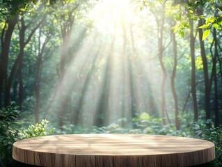 Wall Mural - radiant natural wooden podium in glowing forest background for eco friendly product display