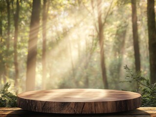 Wall Mural - natural wooden podium set in glowing forest background for eco friendly product display