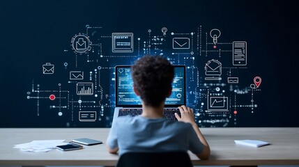 Leinwandbilder - A student sits rear facing in a professional setting interacting with a laptop displaying a radiant interface with online education icons and learning tools against a dark blue background