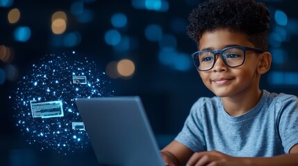 Fototapete - Students collaborating in a modern professional classroom environment using laptops and digital interfaces featuring online education tools and virtual classrooms against a dark blue background