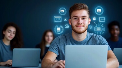 Fototapete - A group of students collaboratively working on laptops in a dark blue professional environment with a glowing digital display of online education and virtual classroom icons