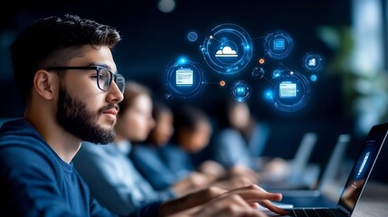 Aufkleber - Bright digital interfaces and virtual education tools showcased in a professional workspace setting with students interacting with laptops on a dark blue backdrop