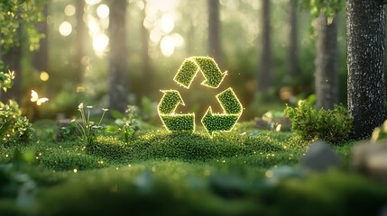 Aufkleber - A golden lit forest with a recycle symbol crafted from lush green elements surrounded by vibrant nature showcasing a message of sustainability and conservation