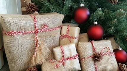 Wall Mural - Rustic Christmas gifts wrapped in burlap and tied with red and white twine, placed under a tree with natural ornaments