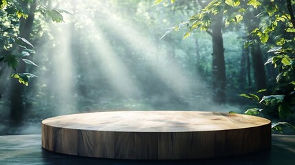 Wall Mural - Polished Wooden Podium in Misty Forest with Soft Sunlight for Natural Product Display