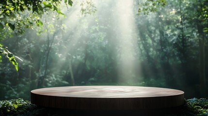Wall Mural - polished wooden podium in misty forest with soft sunlight for eco conscious product display