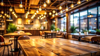 Poster - Empty wooden table in a cozy cafe with warm lighting and blurred background