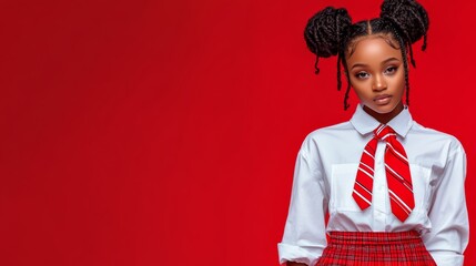 Wall Mural - Young woman with red hair and a red tie stands in front of a red background. Concept of confidence and style, as the woman is dressed in a school uniform and has her hair styled in pigtails