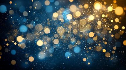 Poster - Abstract festive background with sparkling blue and gold glitter, bokeh lights, and dark backdrop. Perfect for holiday designs, posters, and as a backdrop for text or images.