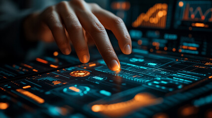 A hand is touching a glowing, digital interface