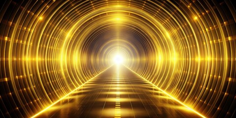 Fototapete - A Radiant Pathway Through a Golden Circle Tunnel, Illuminated by a Glowing Light Source at the End