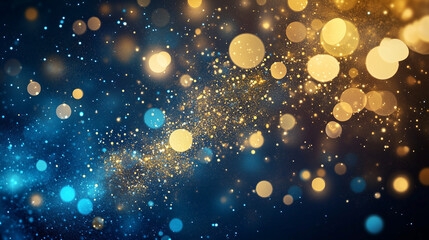 Poster - Abstract festive background with sparkling blue and gold glitter, bokeh lights, and dark backdrop. Perfect for holiday designs, posters, and as a backdrop for text or images.