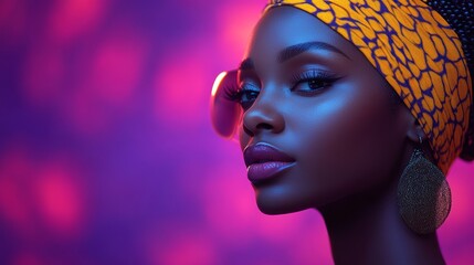 Wall Mural - woman with a colorful scarf and sunglasses is standing in front of a purple background. the image ha
