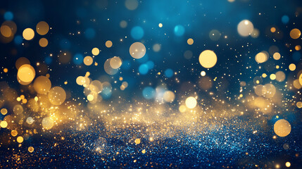 Poster - Abstract festive background with sparkling blue and gold glitter, bokeh lights, and dark backdrop. Perfect for holiday designs, posters, and as a backdrop for text or images.