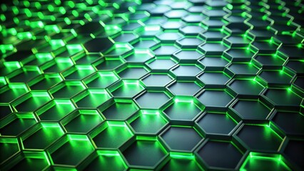 Fototapete - Abstract Geometric Pattern of Green Neon Hexagon Cells with a Subtle Dark Metallic Finish
