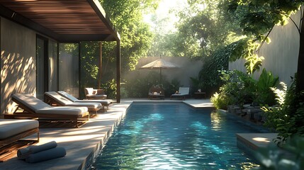 Wall Mural - A chic outdoor pool setting with a modern design, sleek sun loungers aligned perfectly, a stylish pergola providing shade, the water reflecting bright sunlight, clean and inviting layout,