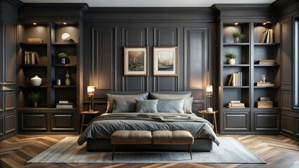 A dark and stylish bedroom with a comfortable bed, two bedside tables with lamps, and built-in shelves on either side. The room is decorated with artwork, plants, and a rug.