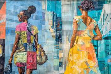 A vibrant mural features two stylish women walking away, showcasing colorful outfits against an urban backdrop, capturing movement and contemporary fashion.