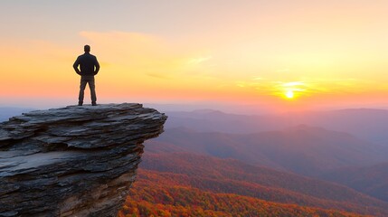 Wall Mural - A Contemplative Man Standing on a Rocky Outcrop at Sunrise Overlooking a Majestic Landscape with Colorful Autumn Foliage and Dramatic Sky