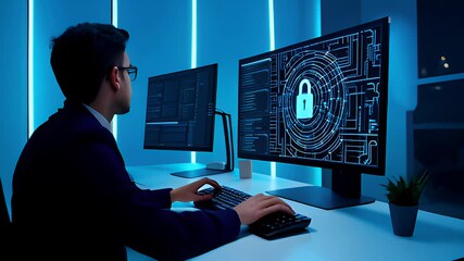 A cybersecurity expert working on a complex data system in a modern office, focusing on digital security solutions.
