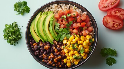 Wall Mural - Delicious healthy bowl with brown rice, avocado, black beans, corn, and tomatoes.