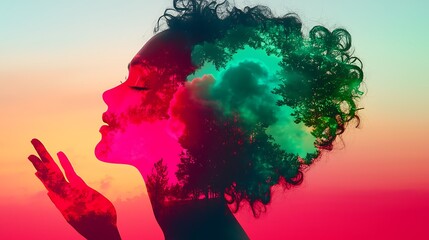 Wall Mural - Artistic Double Exposure Portrait of a Woman with Nature Elements in Her Hair Against a Vibrant Gradient Background for Creative Uses