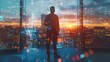 © KaiTong - Silhouetted businessman standing on balcony overlooking a futuristic high tech city skyline with skyscrapers and glowing lights during a vibrant sunset  Concept of urban growth development