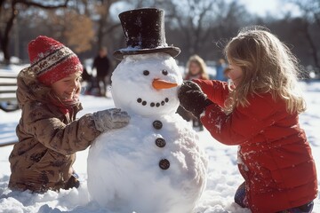 Wall Mural - Two sisters are attentively building a snowman, surrounded by sparkling snow, showcasing a delightful winter day filled with childhood joy and creativity.