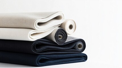 Stack of folded and rolled fabrics showing variety of textures and colors