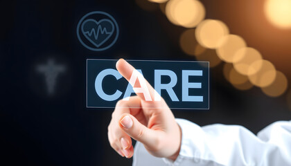 Wall Mural - doctor hand touching care sign on virtual screen. medical concept isolated with white highlights, pn