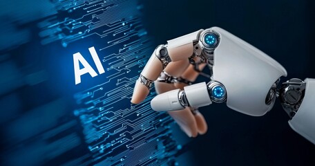Poster - Hands of robots and humans touching a large data network connection background, Science and stock technology, and innovation.