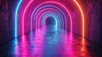 Leinwandbilder - 3D abstract neon background, geometric background with polygonal structure, virtual reality, podium for displaying products, colored neon lights, vintage sci-fi theme