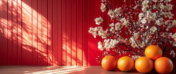 Poster - Happy Chinese New Year concept. Red lanterns, blossom flowers, tangerines on a red background.