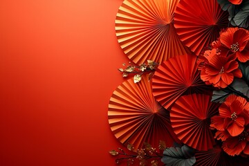 Aufkleber - A frame of red paper fans with gold flowers on a red background, illustrating the Chinese New Year celebrations of 2023.