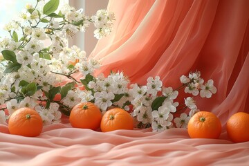 Aufkleber - Red envelope packets, orange mandarins, and Chinese blossom flowers are displayed on a red background as a flat lay composition for Chinese New Year.