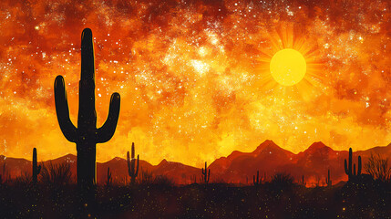 Wall Mural - Silhouette of majestic saguaro cactus against vibrant desert sunset sky with golden sun and twinkling stars. Twinkling Desert Sky. Illustration
