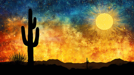 Wall Mural - Silhouette of majestic saguaro cactus against vibrant desert sunset sky with golden sun and twinkling stars. Twinkling Desert Sky. Illustration