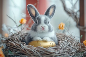 Aufkleber - This cute Oriental Asian-style fluffy bunny with gold ingot and plum blossom flower on a red background wishes you a happy Chinese New Year in 2023.
