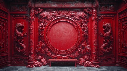Aufkleber - The Chinese New Year design is a combination of a circle frame and a 3D pattern on a red background with a copy space.