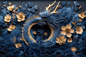 Aufkleber - Happy Chinese New Year 2024, the dragon zodiac and flower in gold style on a color background, generation AI