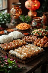 Aufkleber - This Tet banquet features spring rolls, soup, and rice. A creative concept for the coming new year. Front view