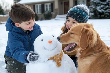 Wall Mural - Two smiling children and a golden retriever are engaged in building a snowman, representing pure joy and togetherness in a winter setting filled with laughter and warm memories.