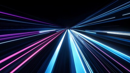 Leinwandbilder - Motion Speed neon light trail on dark background, abstract violet and blue light with a high fast move curve beam in 3D.