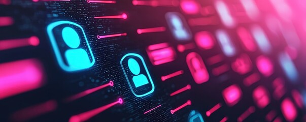 Digital interface with glowing user icons on a dark background, futuristic style.