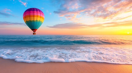 Wall Mural - Stunning Sunrise Over Tranquil Beach with Colorful Hot Air Balloon Floating Above the Ocean Waves, Capturing the Essence of Peaceful Morning Serenity