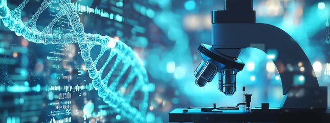 Leinwandbilder - Microscope, DNA double helix and concept of scientific and medical genetics. Research in medical DNA technologies, biotechnology laboratories and chemistry clinics.